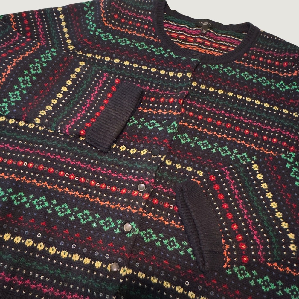 Talbots Cardigan Multicolor Fair Isle Sequin Lambswool Blend 2X Plus Sweater